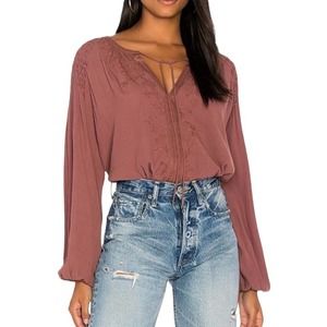 ASTR the Label Mauve Claudine Peasant Blouse Long Sleeve Tie Front Embroidered